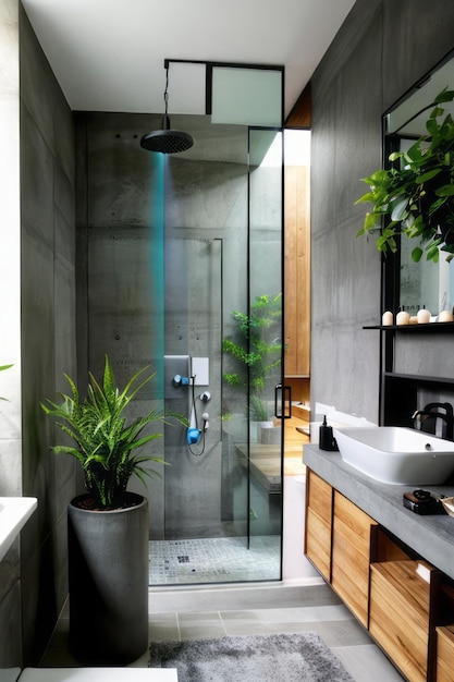 A Minimalist Bathroom with Concrete Elements and Indoor Plants