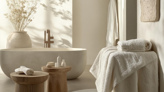 Photo minimalist bathroom with freestanding tub towels and wooden stools