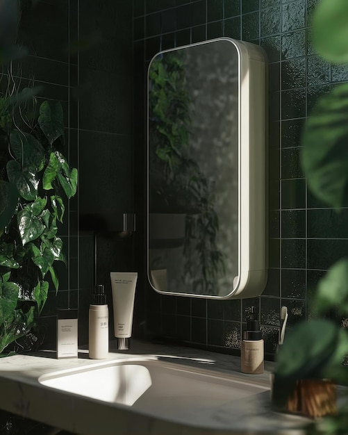 Photo minimalist bathroom with green tile plants