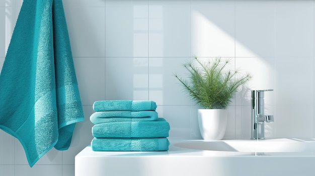 A minimalist bathroom with turquoise accents featuring a modern sink sleek fixtures and a clean bright atmosphere