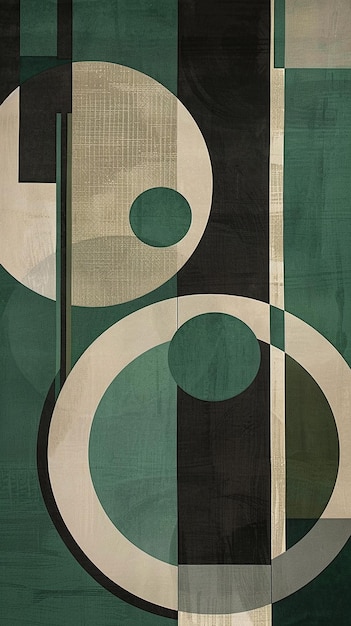 Minimalist Bauhaus design with green and grey circles and lines