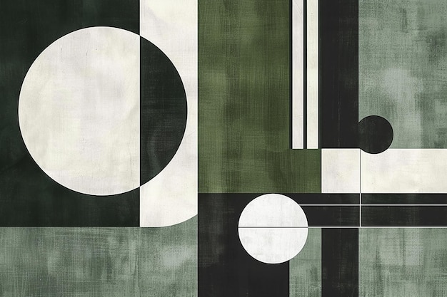 Minimalist Bauhaus design with green and grey circles and lines