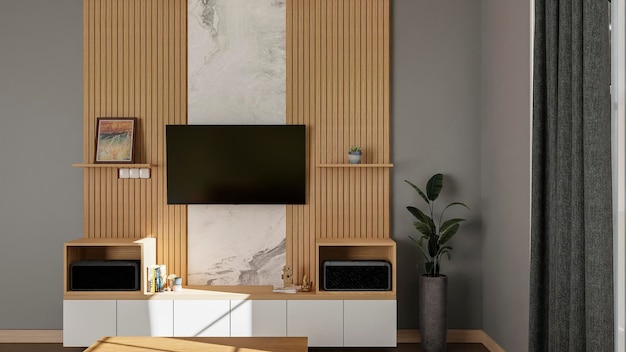 Minimalist and beautiful wood wall panel TV with double speaker shelf and white granite motif