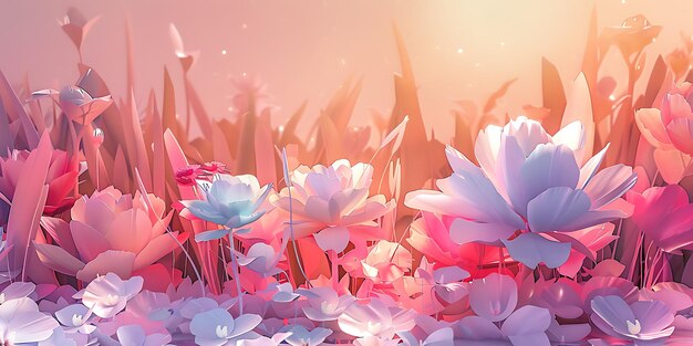 Minimalist Beauty 3D Landscape of a Flower Garden Abstract Flowers in Pastel Light