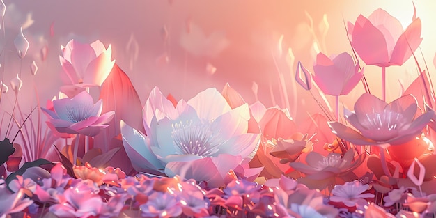 Minimalist Beauty 3D Landscape of a Flower Garden Abstract Flowers in Pastel Light