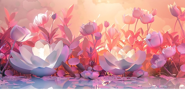 Minimalist Beauty 3D Landscape of a Flower Garden Abstract Flowers in Pastel Light