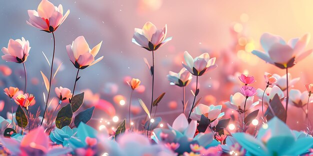 Minimalist Beauty 3D Landscape of a Flower Garden Abstract Flowers in Pastel Light