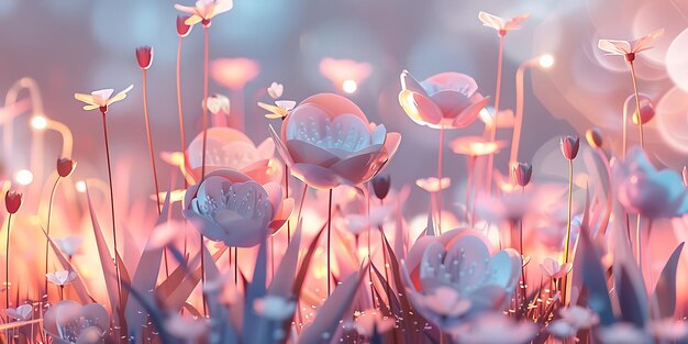 Minimalist Beauty 3D Landscape of a Flower Garden Abstract Flowers in Pastel Light