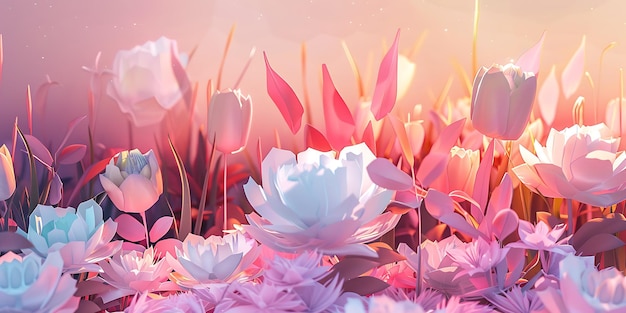 Minimalist Beauty 3D Landscape of a Flower Garden Abstract Flowers in Pastel Light