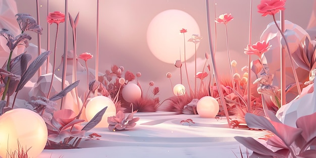 Minimalist Beauty 3D Landscape of a Flower Garden Abstract Flowers in Pastel Light