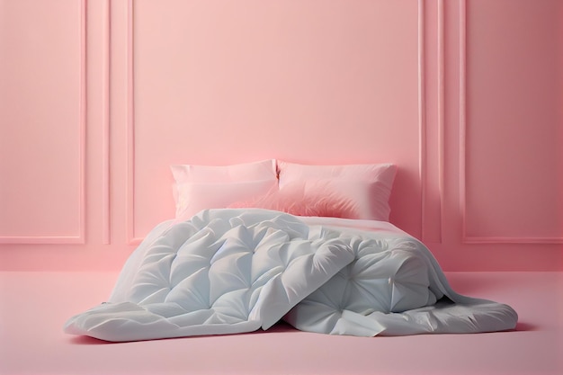 A minimalist bedroom bed with white clean linens comfy pillows and quilt on a pink delicate wall background a copy place Generative AI