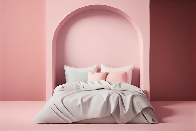 A minimalist bedroom bed with white clean linens comfy pillows and quilt on a pink delicate wall background a copy place Generative AI