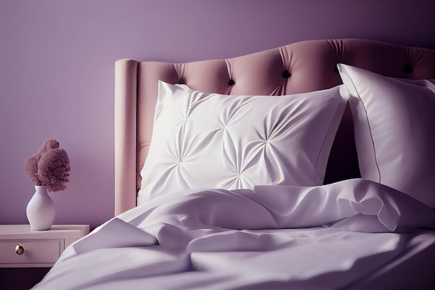 A minimalist bedroom bed with white clean linens comfy pillows and quilt on a purple delicate background of lilac walls a copy place Generative AI