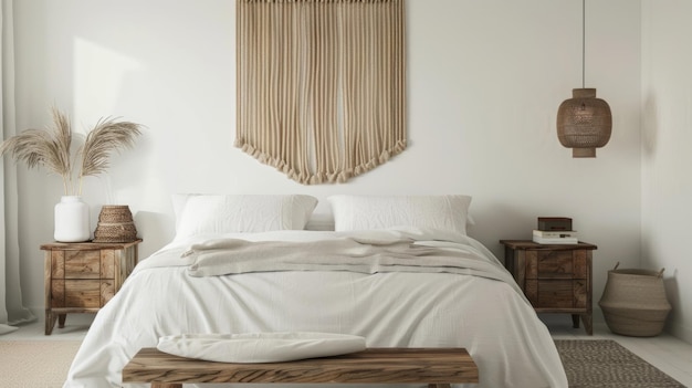 A minimalist bedroom featuring a clean white bedspread and sleek wooden bedside tables with a