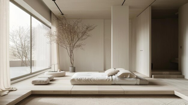 A minimalist bedroom featuring a low platform bed neutral tones and a large window letting in natural light