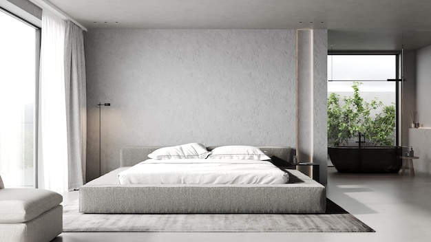 Minimalist bedroom interior design with big bed and concrete wall 3d render