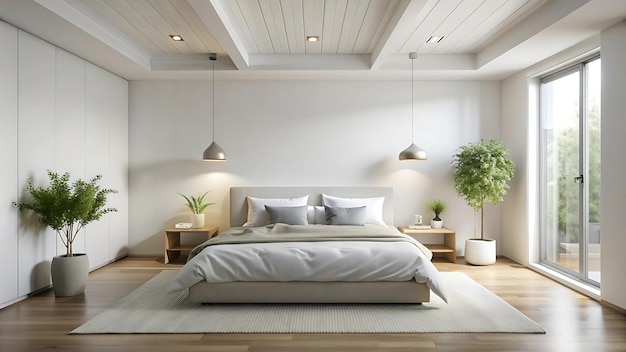 Minimalist Bedroom Interior Design with White Walls and Wooden Floor