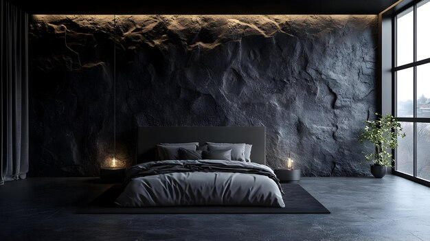 Photo minimalist bedroom with black stone wall 3d illustration