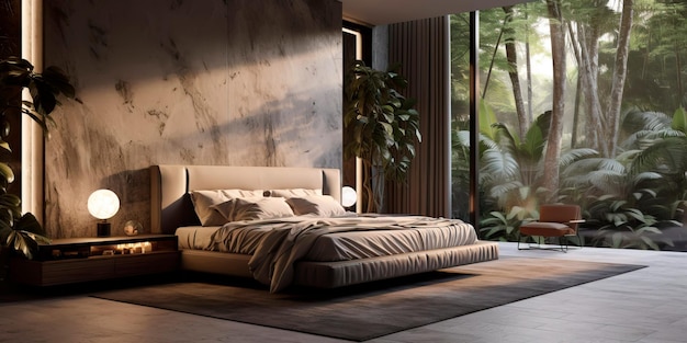 minimalist bedroom with a concrete accent wall featuring a vibrant indoor tropical garden as a focal point Generative AI