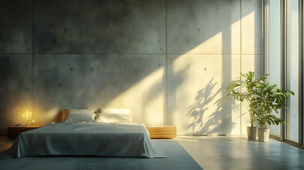 Minimalist Bedroom with Concrete Wall and Large Window 3D Illustration