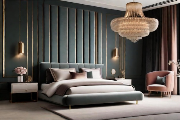 A minimalist bedroom with a touch of luxury featuring a plush velvet headboard