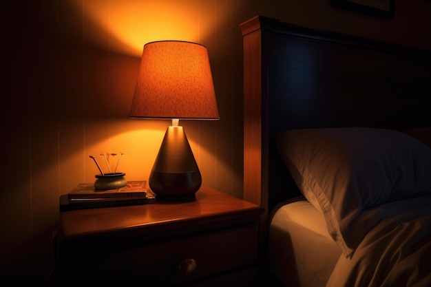 Minimalist bedside lamp illuminated on nightstand created with generative ai