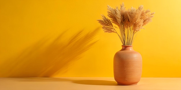 Minimalist Beige Background with Ceramic Vase and Dry Plant Stylish Pastel Interior Scene