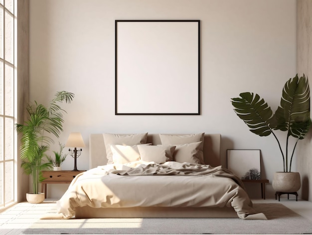 Minimalist Beige Bed Room Interior Design with Blank White Picture Frame Mockup Generative AI