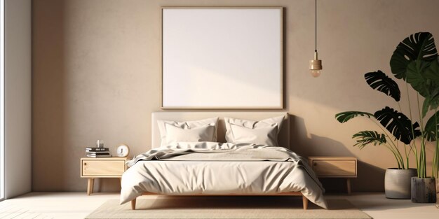 Minimalist Beige Bed Room Interior Design with Blank White Picture Frame Mockup Generative AI