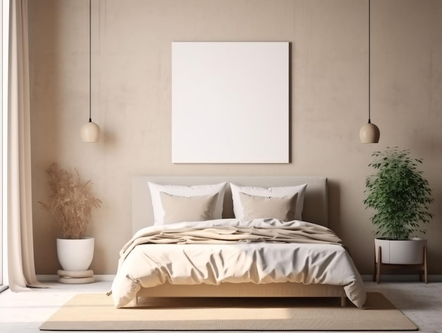 Minimalist Beige Bed Room Interior Design with Blank White Picture Frame Mockup Generative AI