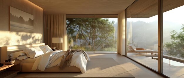 Minimalist beige bedroom large windows soft bedding