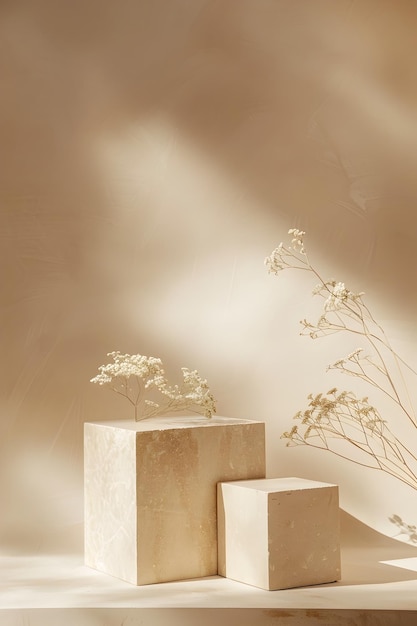 Minimalist Beige Podium with Floral Accents for Product Presentation in Elegant Overhead Composition