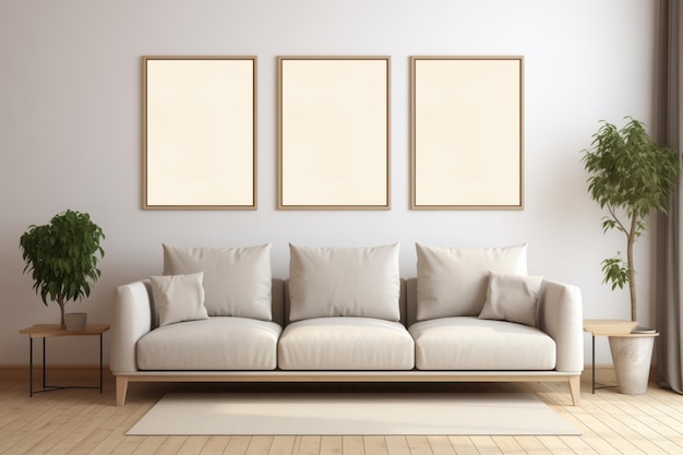 Minimalist Beige Sofa with Three Mockup Poster Frames by White Wall