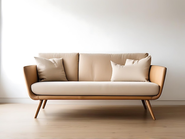 Minimalist beige sofa with wooden legs on white