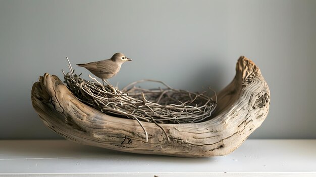 Photo minimalist birds nest on a driftwood piece by the shore