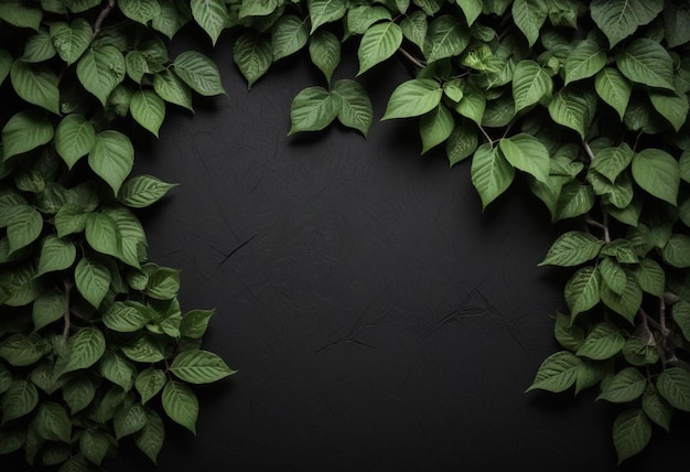 Photo minimalist black background with green leafy plant perfect copy space for elegant presentations