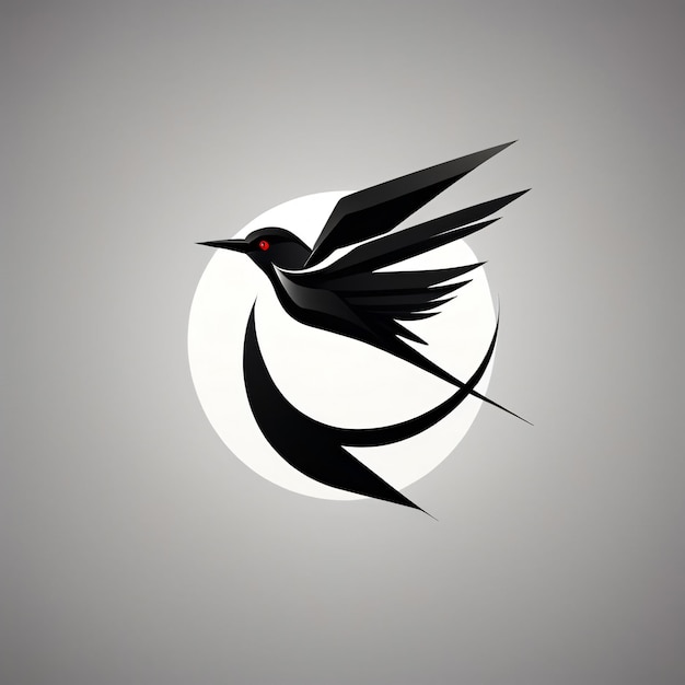 Minimalist black bird logo with red eye and crescent moon