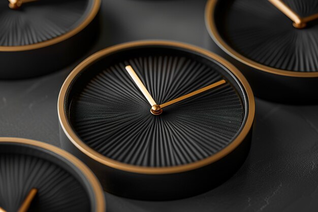 Photo minimalist black clocks with golden details on a textured background