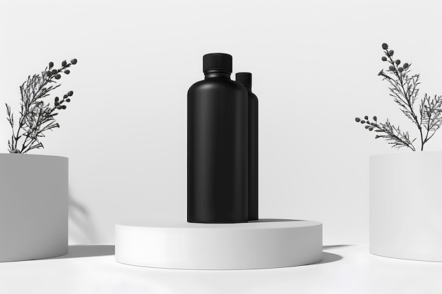 Photo minimalist black cosmetic bottles on podium with decorative plants