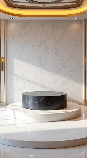 Minimalist black marble podium on white marble platform with sunlight and geometric marble wall