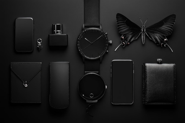 Photo minimalist black mens accessories on black background