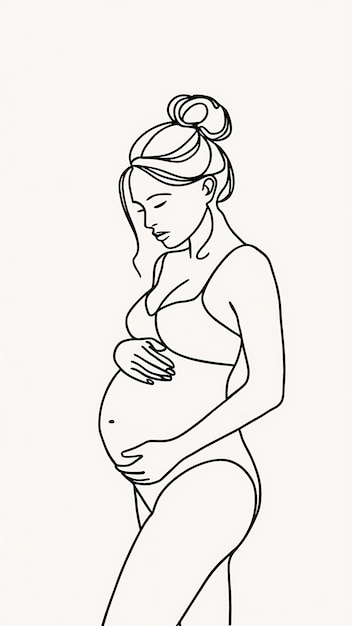 A minimalist black single line drawing of a pregnant woman