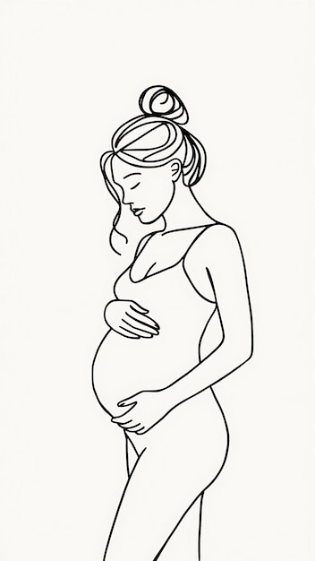 A minimalist black single line drawing of a pregnant woman