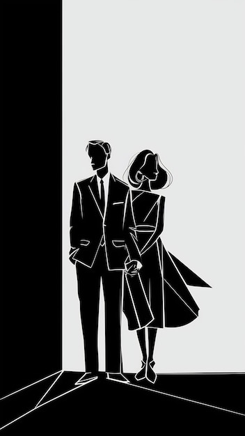 Photo a minimalist black and white doodle illustration showing a man and a woman standing