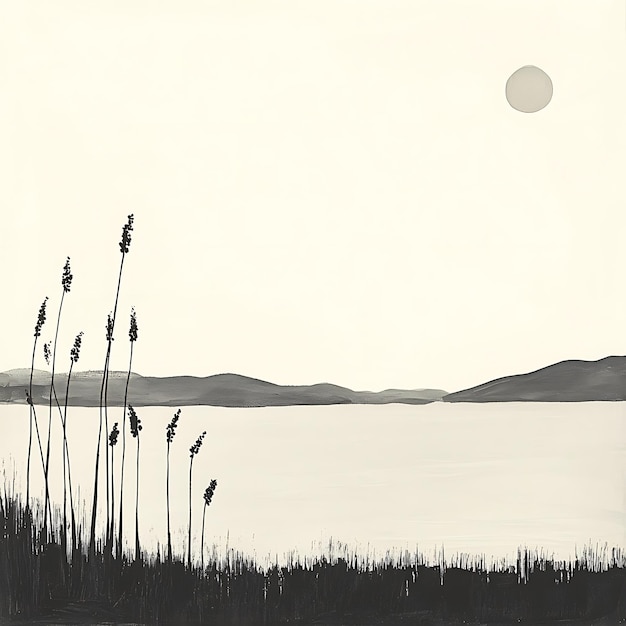 Minimalist Black and White Landscape with a Single Sun