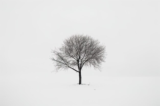 Photo a minimalist black and white photograph of a single tree against a stark white background