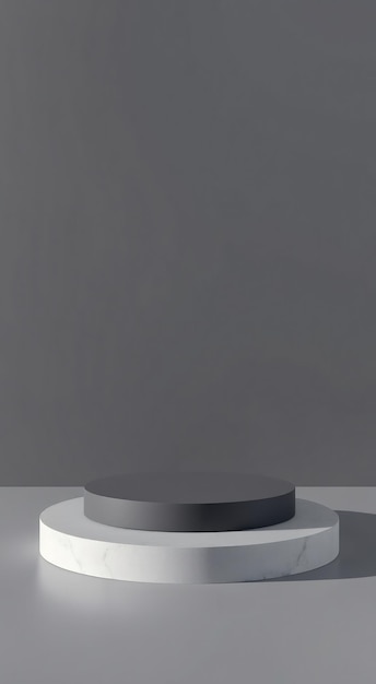 Minimalist black and white round podium on grey background