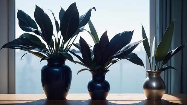 Minimalist blue background with a palm leaf in cobalt vase simple composition with lots of white space