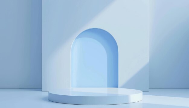 Minimalist Blue Podium with Archway and Sunlight