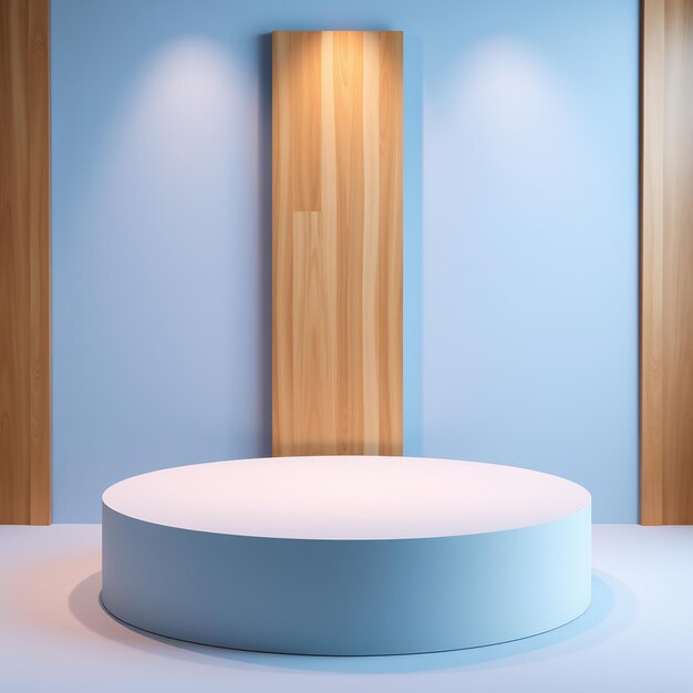 Minimalist blue podium with wood panel background